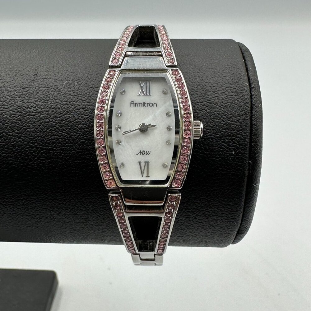 3/$30 Armitron Watch Women Silver Tone Pink Crystal Accents White Dial 7"